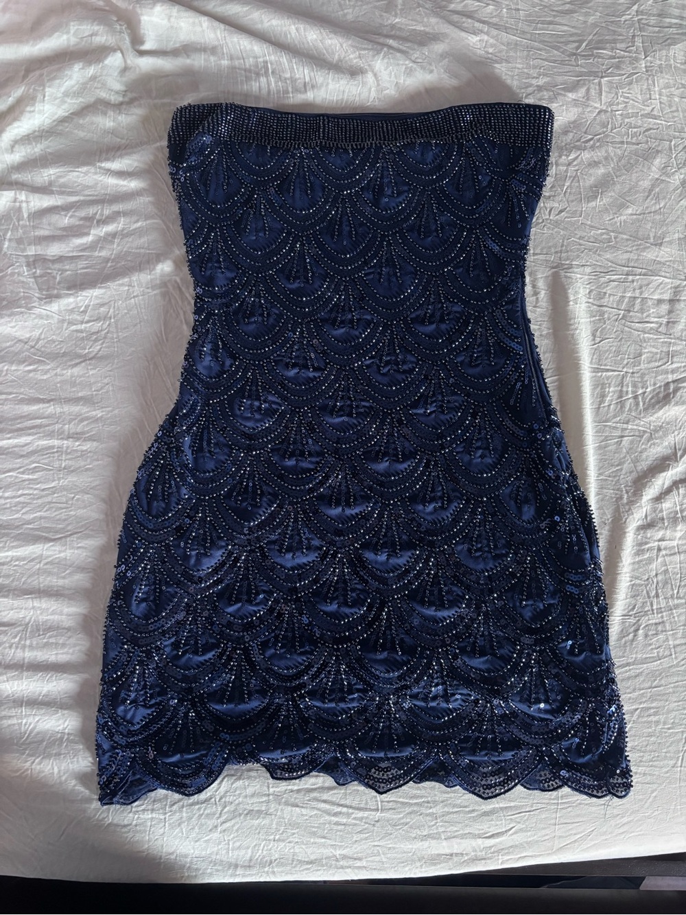 Strapless Navy Beaded Scallop Mini Dress